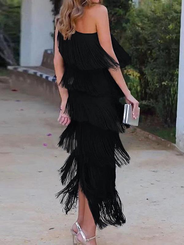 Loose Sleeveless Asymmetric Solid Color Split-Joint Tasseled One-Shoulder Maxi Dresses Product Image