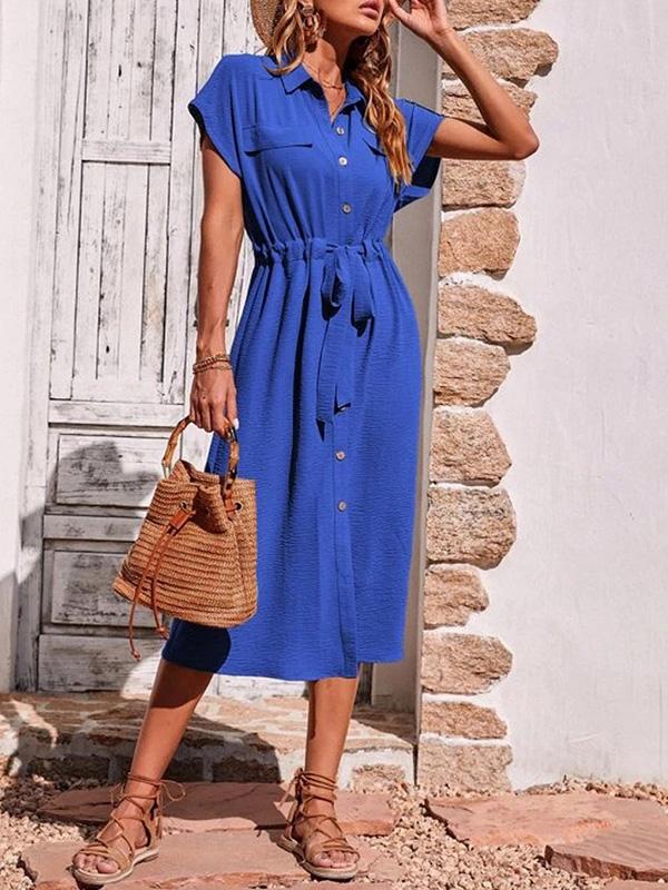 Raglan Sleeve Drawstring Pleated Split-Joint Lapel Midi Dresses Shirt Dress Product Image