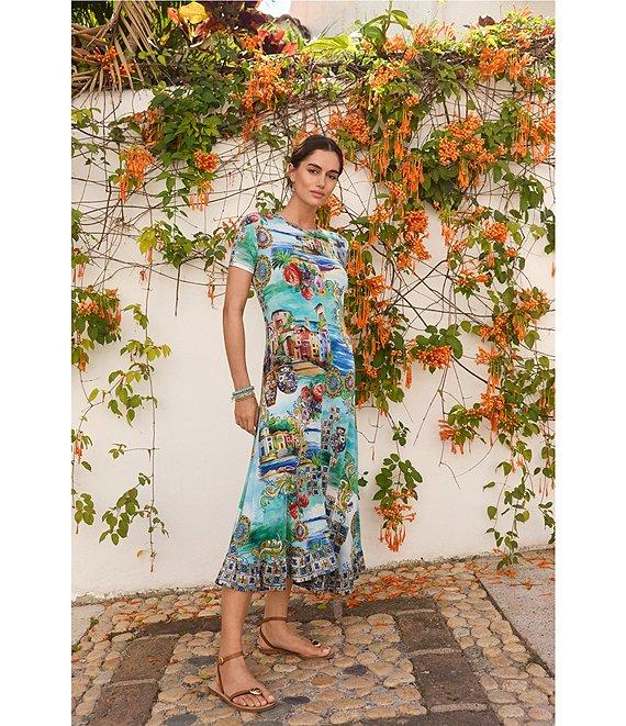 JOHNNY WAS Janie Favorite Scenic Print Knit Crew Neck Short Sleeve Asymmetrical Hem Midi Dress Product Image