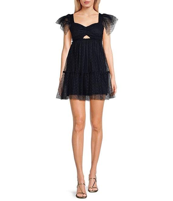 City Vibe Short Flutter Sleeve Tiered Ruched Front Bodice Dress Product Image