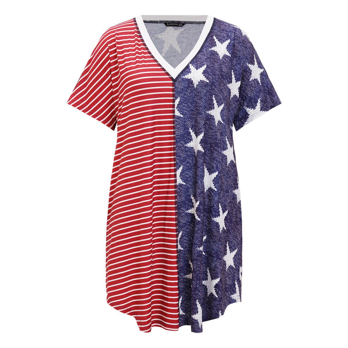 Plus Size Star & Striped Patchwork Curved Hem Pocket Dress Multicolor Women Casual Arc Hem V-neck Short sleeve Curvy Knee Dress BloomChic 10/M Product Image