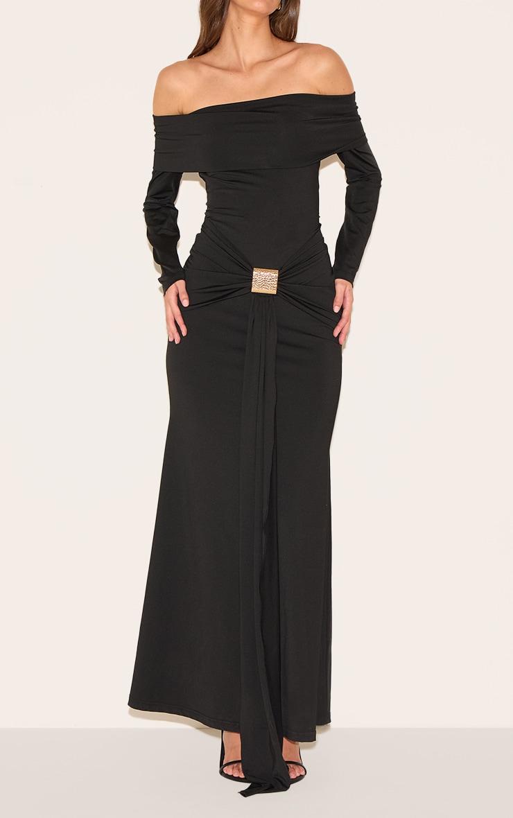 Black Bardot Long Sleeve Trim Drape Detail Maxi Dress Product Image