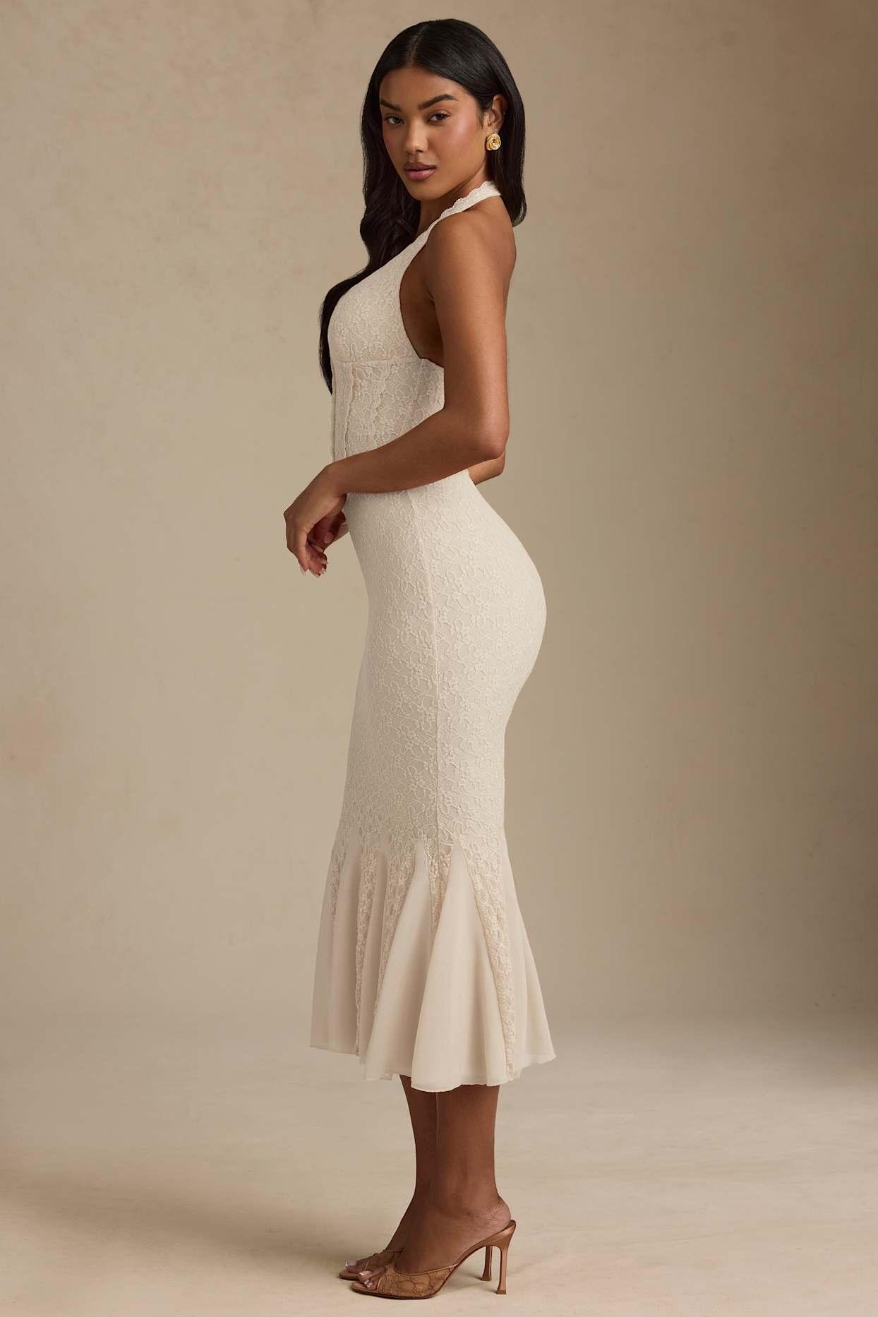 Halterneck Corset Lace Midaxi Dress in Ivory Product Image