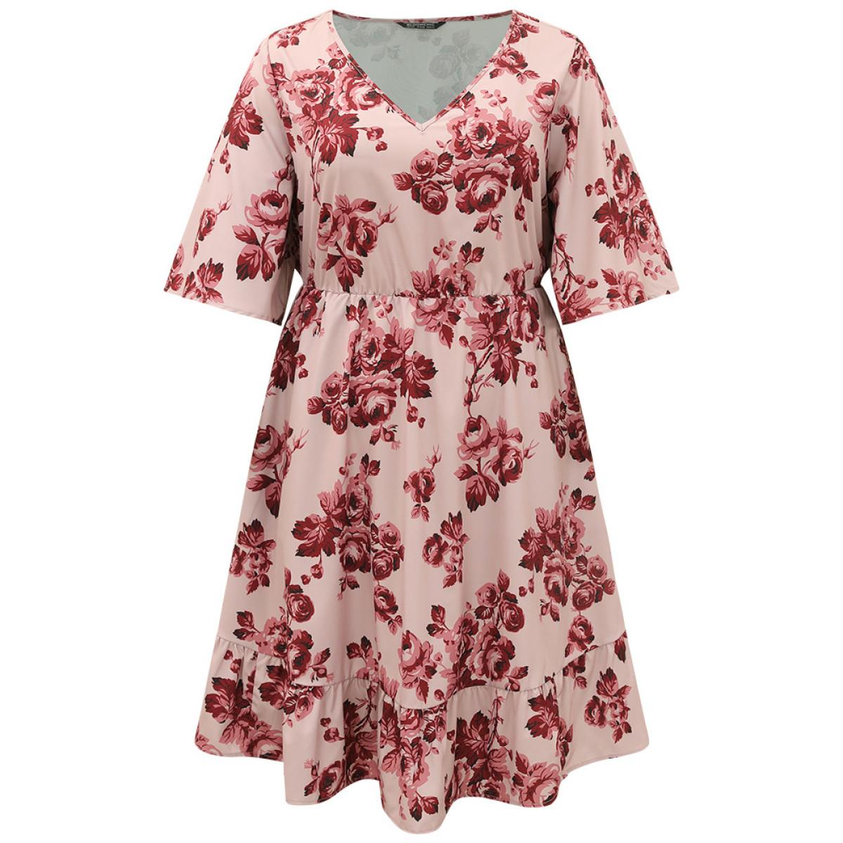 Plus Size Floral Print Pocket Flounce Sleeve Ruffle Dress DustyPink Women Elegant Printed V-neck Half Sleeve Curvy Midi Dress BloomChic 30/6X Product Image