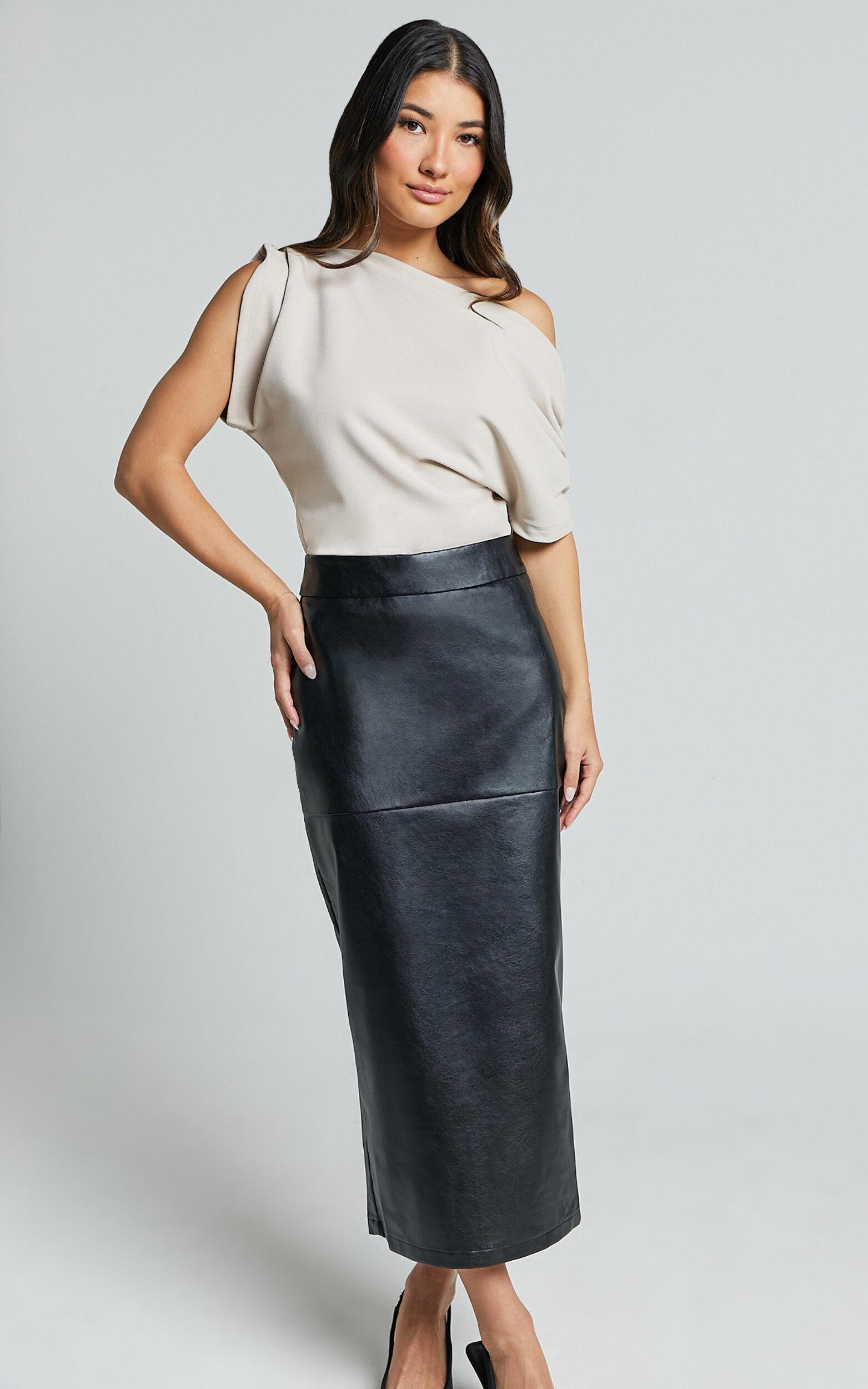 Emma Midi Skirt - High Waisted Faux Leather Skirt in Black Product Image
