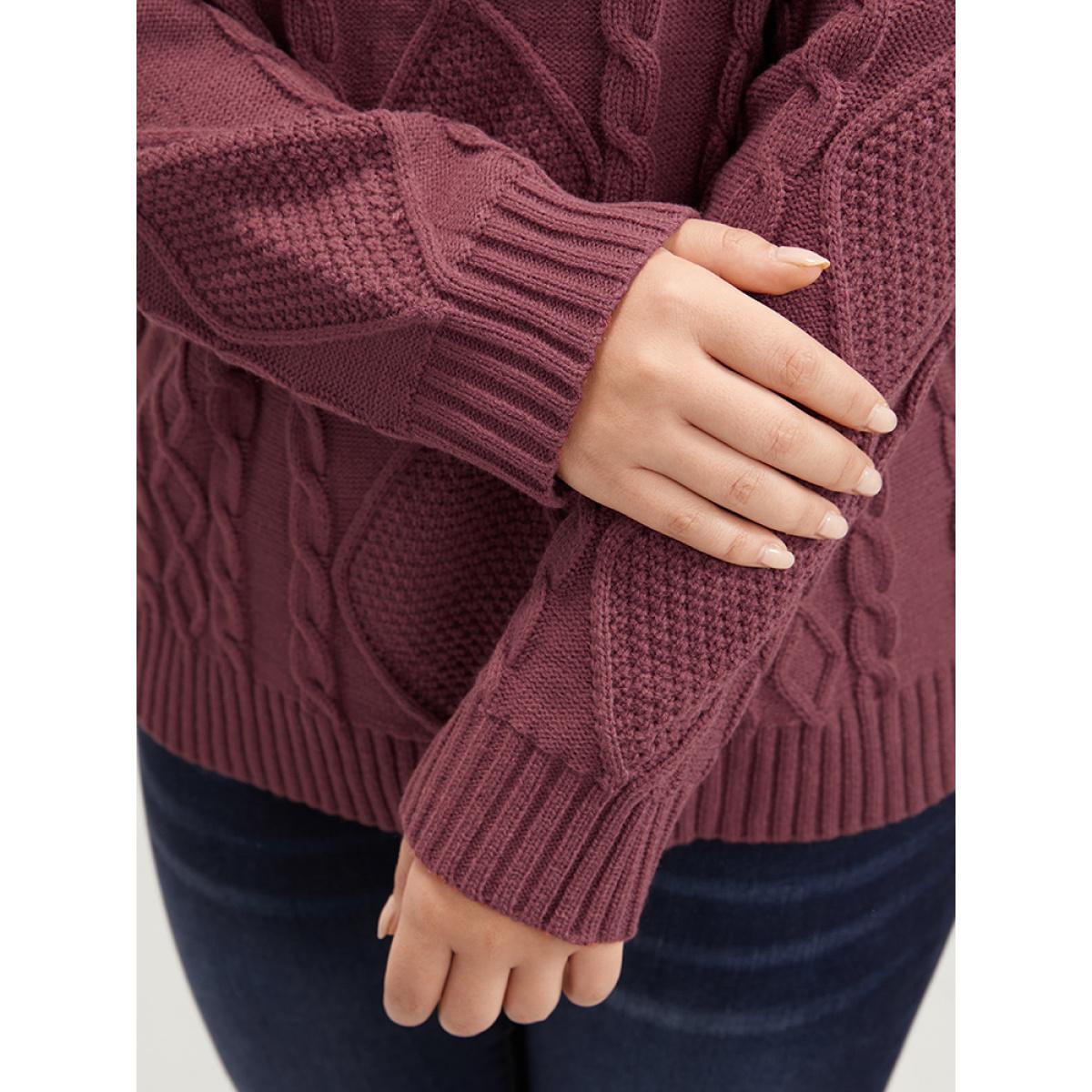 Plus Size Solid Pointelle Knit Round Neck Geometric Cable Knit Top Russet Women Casual Long Sleeve Round Neck Dailywear Pullovers BloomChic 14-16/1X Product Image