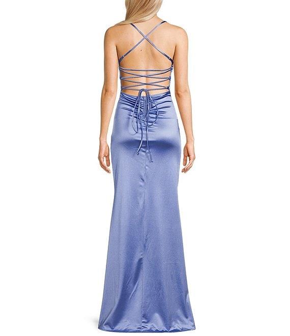 Honey and Rosie Satin Ruched Side Front Slit Lace-Up Back Long Dress Product Image