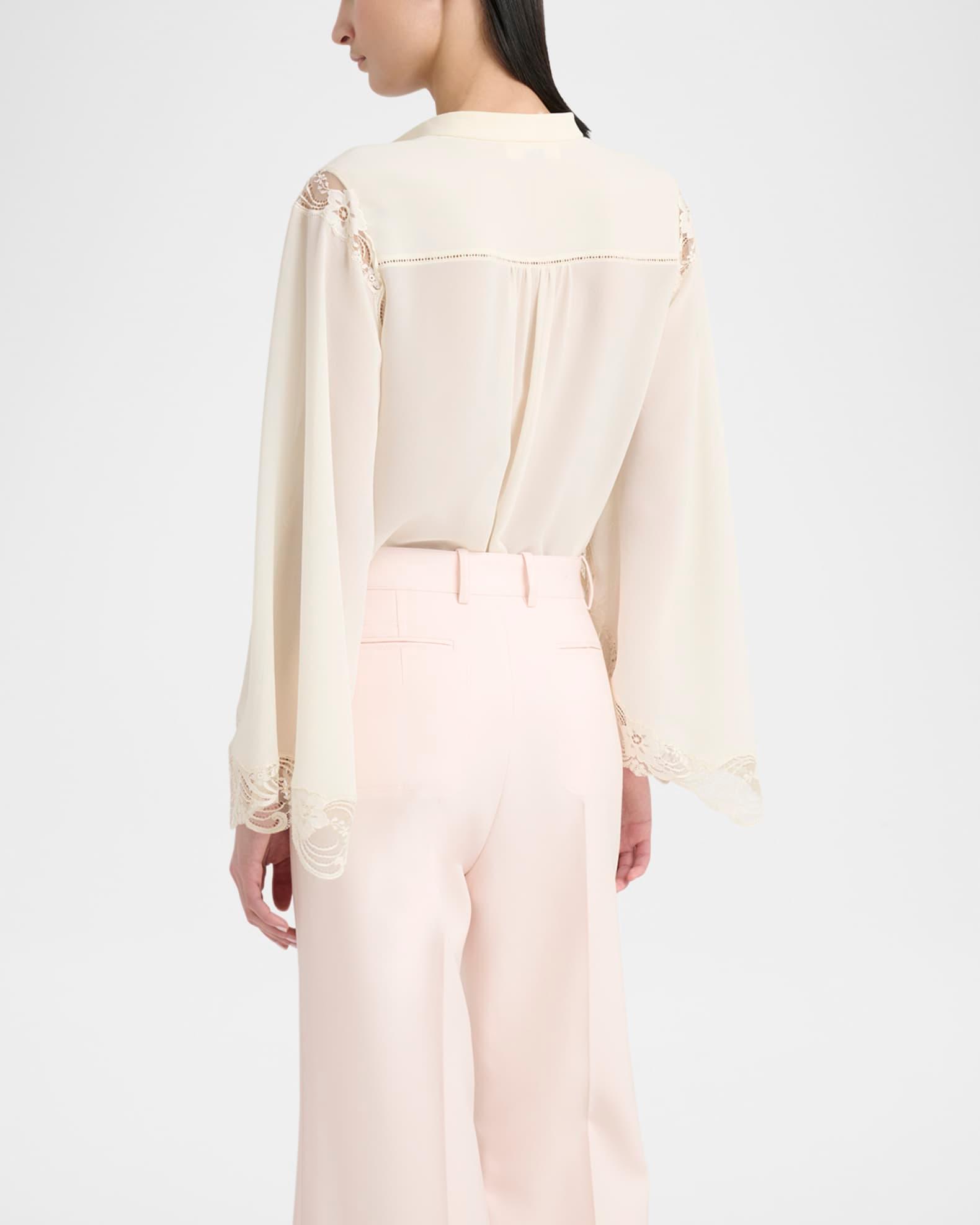 Lace Placket Tulip-Sleeve Silk Blouse Product Image