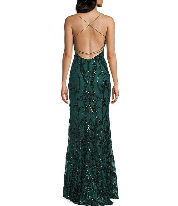 B. Darlin Spaghetti Strap Placement Sequin Long Dress Product Image