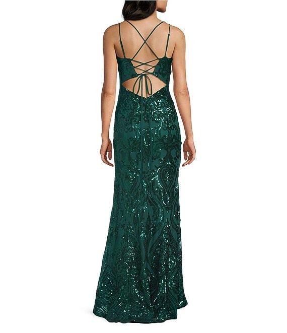 B. Darlin Sequin Pattern V-Neck Double Spaghetti Strap Lace Up Back Dress Product Image