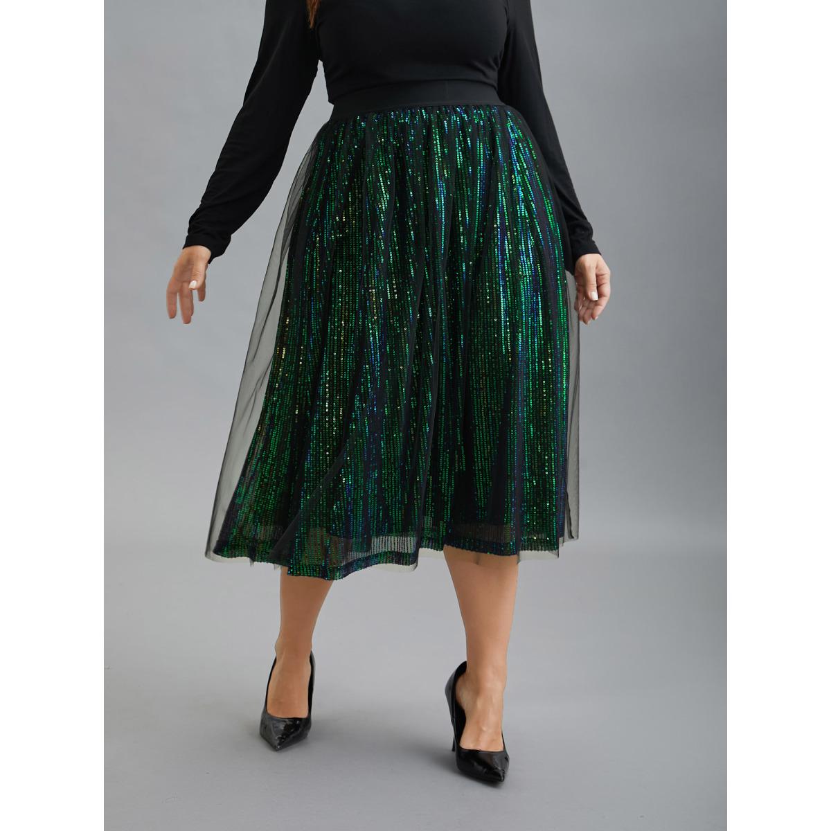 Plus Size Sequin Mesh Elastic Waist Midi Skirt Women Black Formal Tiered Loose No stretch Party Skirts BloomChic 10/M Product Image