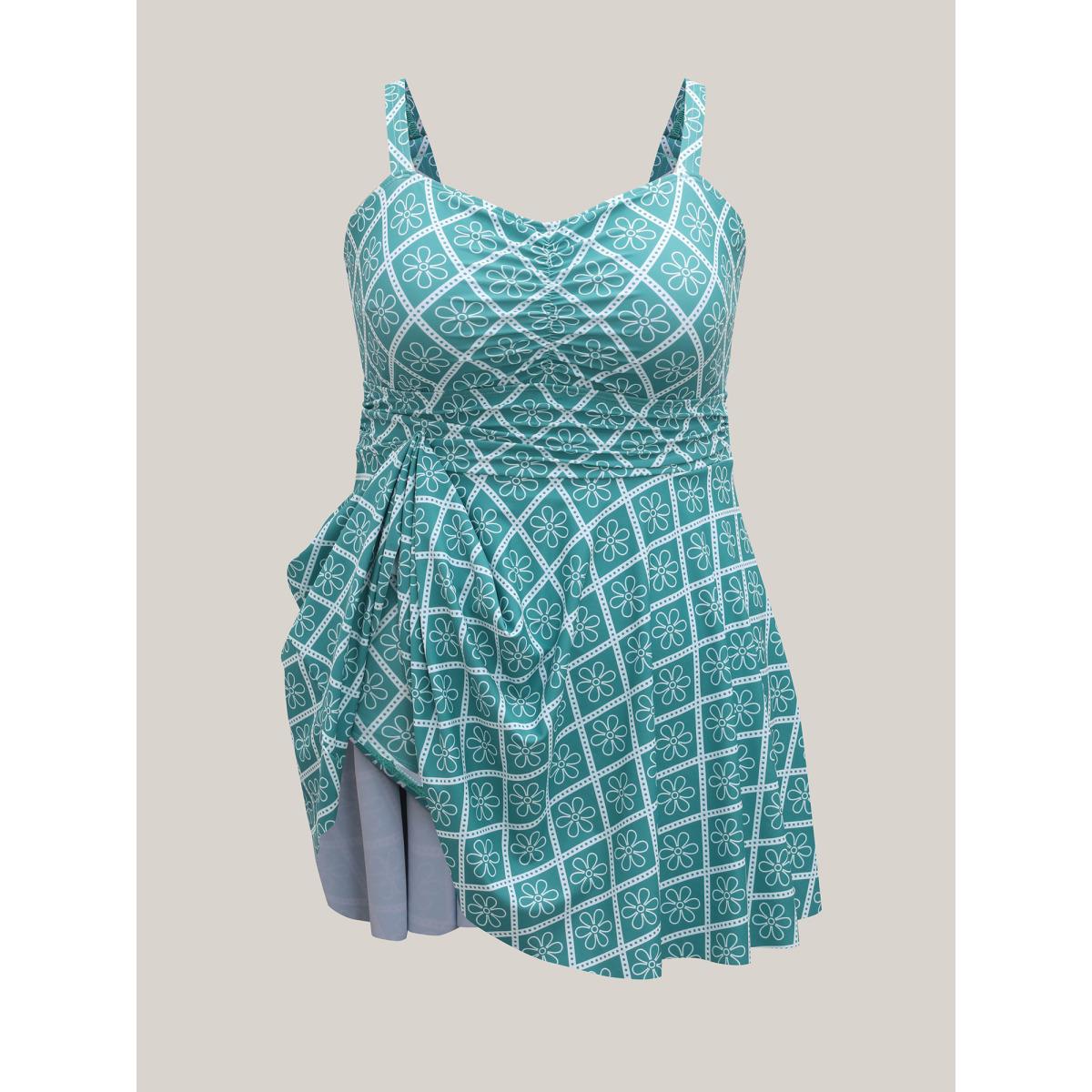 Plus Size Anti-Float Tie Boho Print Swim Dress Women's Swimwear Emerald Beach Bodycon Heart neckline High stretch Curve Swim Dresses BloomChic 14-16/1X Product Image