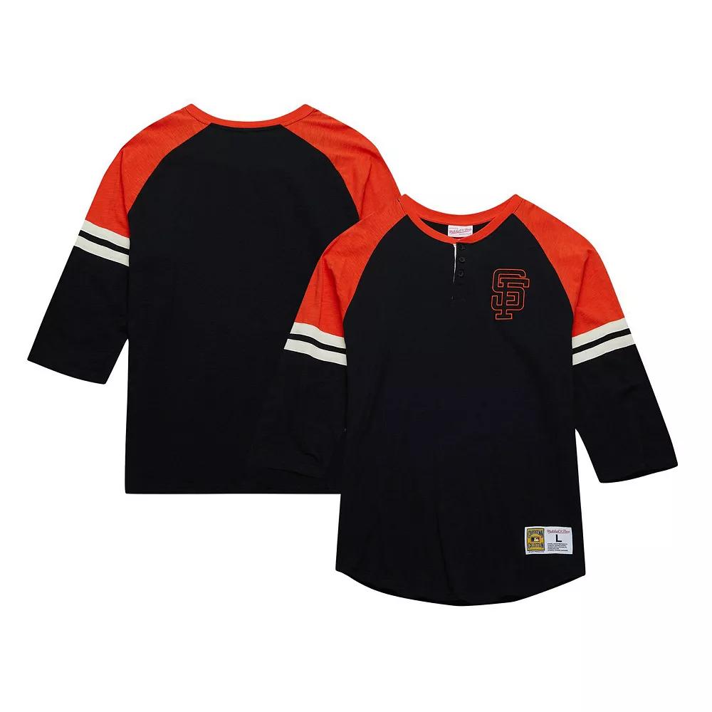 Men's Mitchell & Ness Black San Francisco Giants Cooperstown Collection Legendary Raglan Slub Henley 3/4-Sleeve T-Shirt, Size: 3XL Product Image