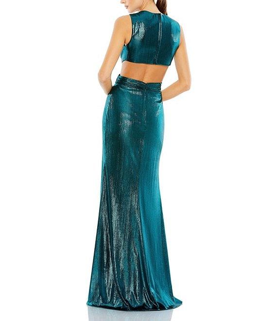 Mac Duggal Metallic Plunge V-Neckline Sleeveless Cut Out A-Line Gown Product Image