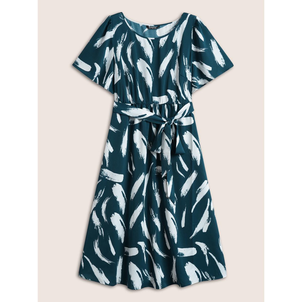 Plus Size Brush Print Belted Pocket Elastic Waist Dress DarkSlateGray Women At the Office Non Round Neck Short sleeve Curvy Midi Dress BloomChic 12/L Product Image