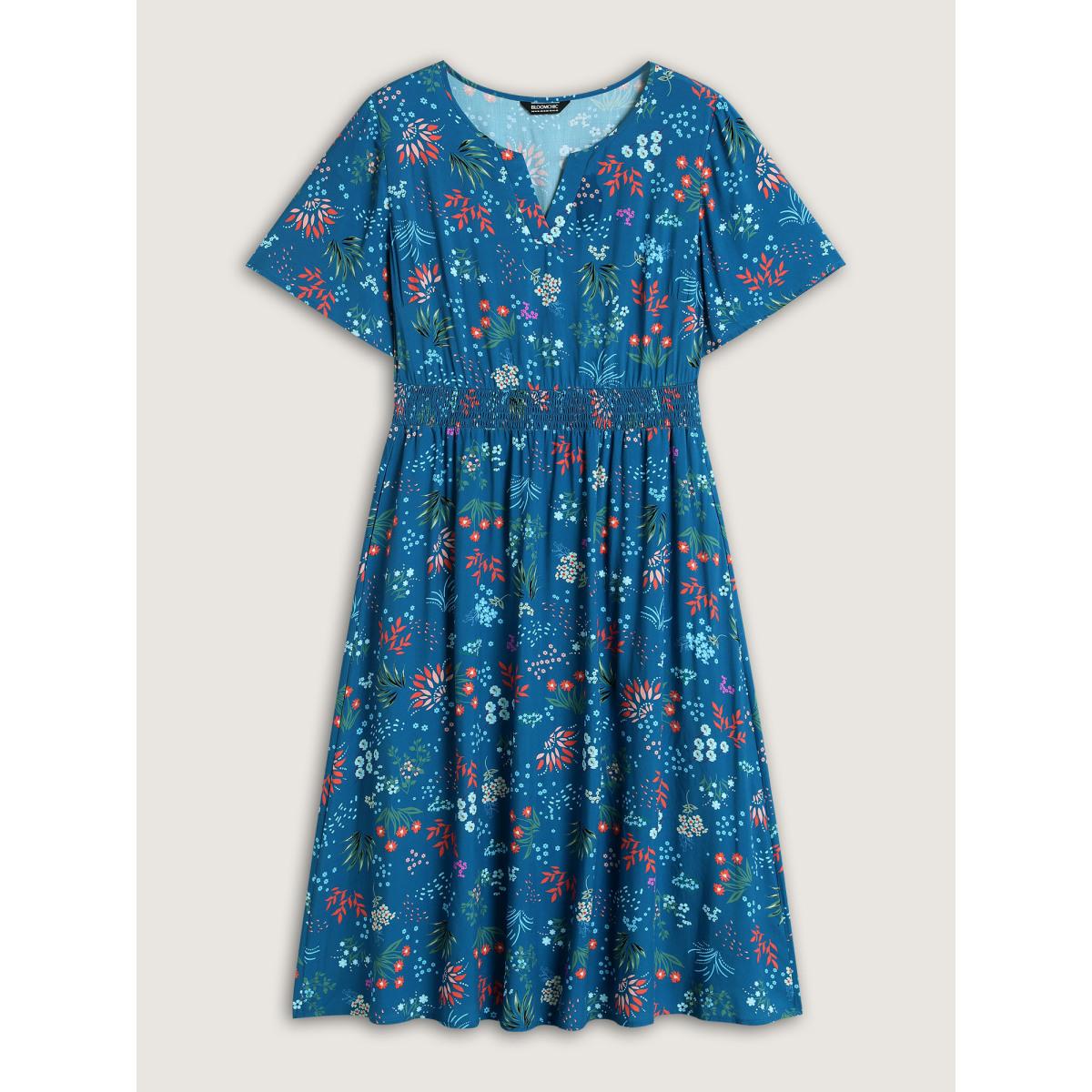 Plus Size Rayon Playful Floral Shirred Midi Dress Mediumblue Women Timeless Notched collar Short sleeve Curvy BloomChic 30/6X Product Image