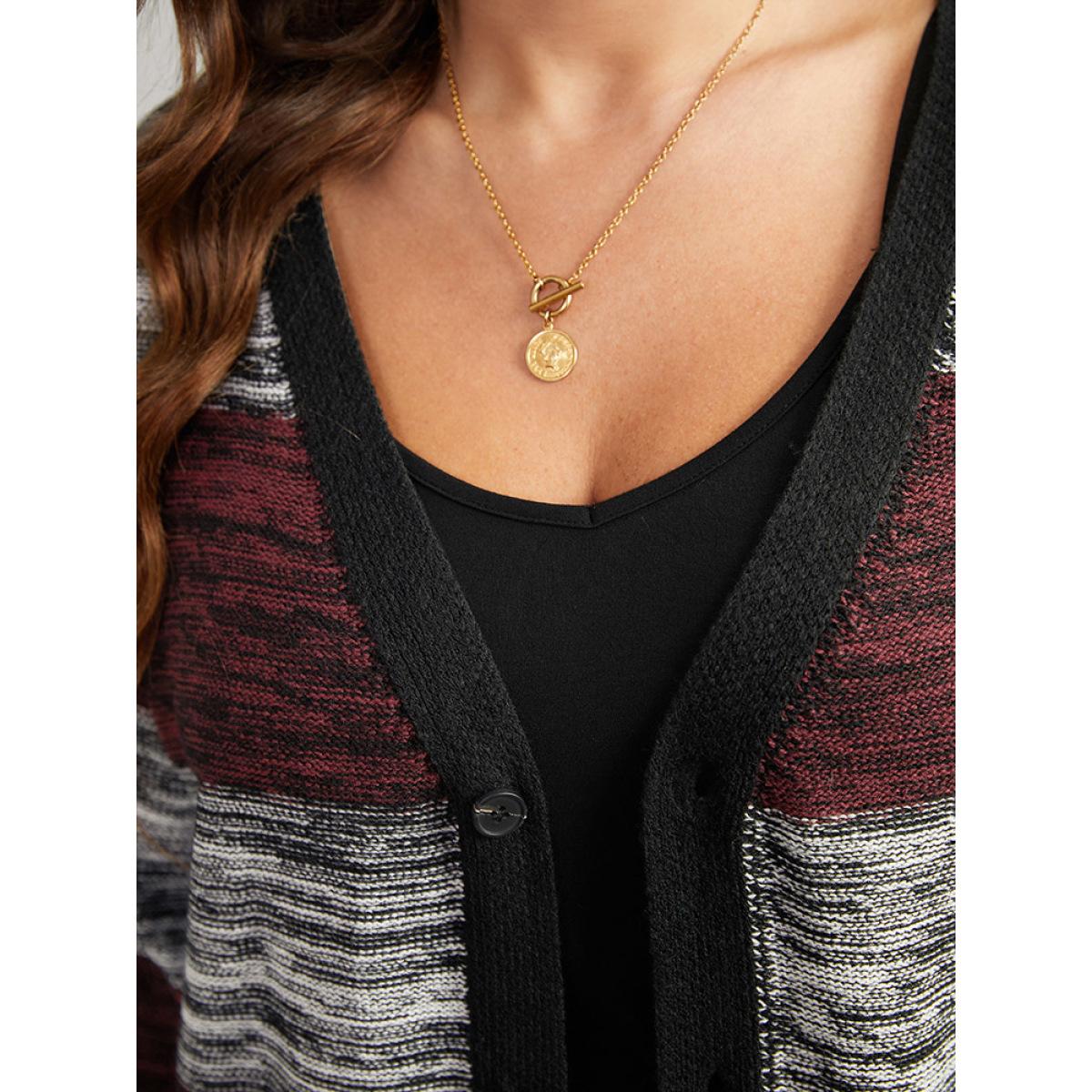 Plus Size Heather Colorblock Contrast Pocket Button Through Cardigan Burgundy Women Casual Loose Long Sleeve Everyday Cardigans BloomChic 14-16/1X Product Image