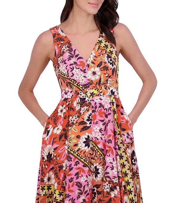 Vince Camuto Woven Floral Print V-Neck Sleeveless Asymmetrical Hi-Low Midi Dress Product Image