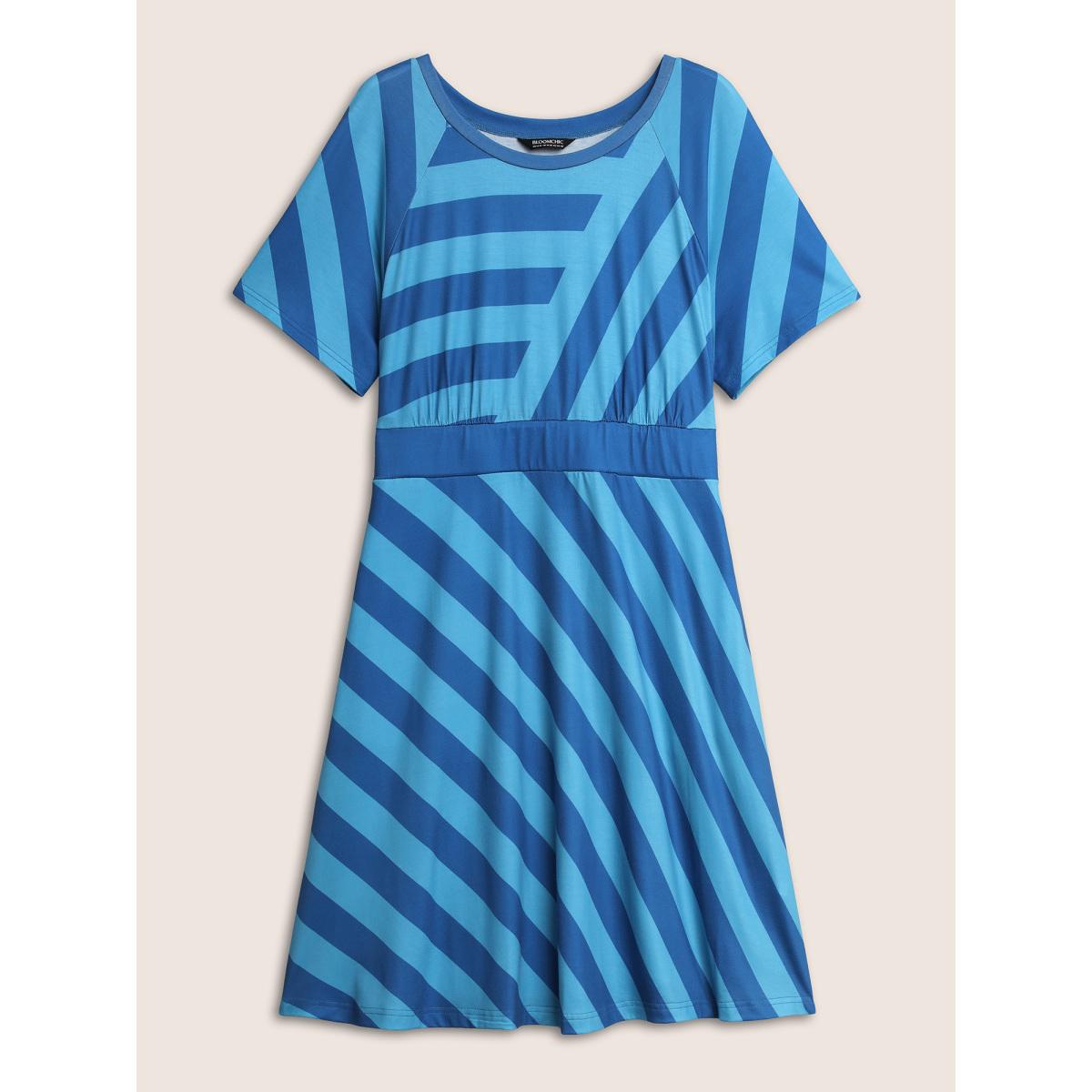 Plus Size Round Neck Striped Raglan Sleeve Dress Teal Women Casual Round Neck Short sleeve Curvy BloomChic 12/L Product Image