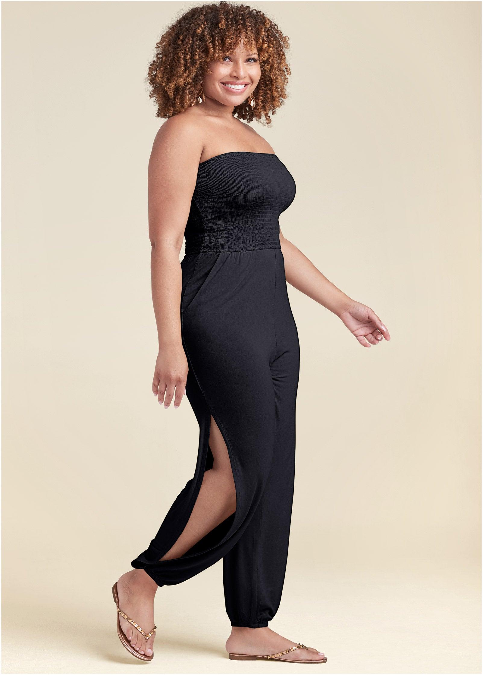 Smocked Side Slit Jumpsuit - Black Product Image