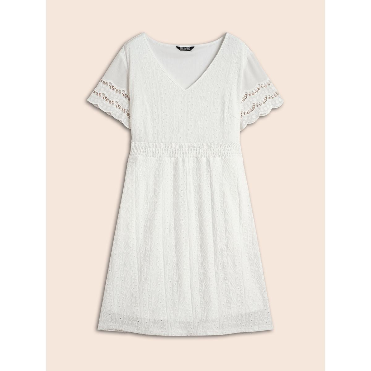 Plus Size V Neck Shirred Lace Patchwork Dress Ivory Women Elegant Woven ribbon&lace trim V-neck Short sleeve Curvy BloomChic 22-24/3X Product Image