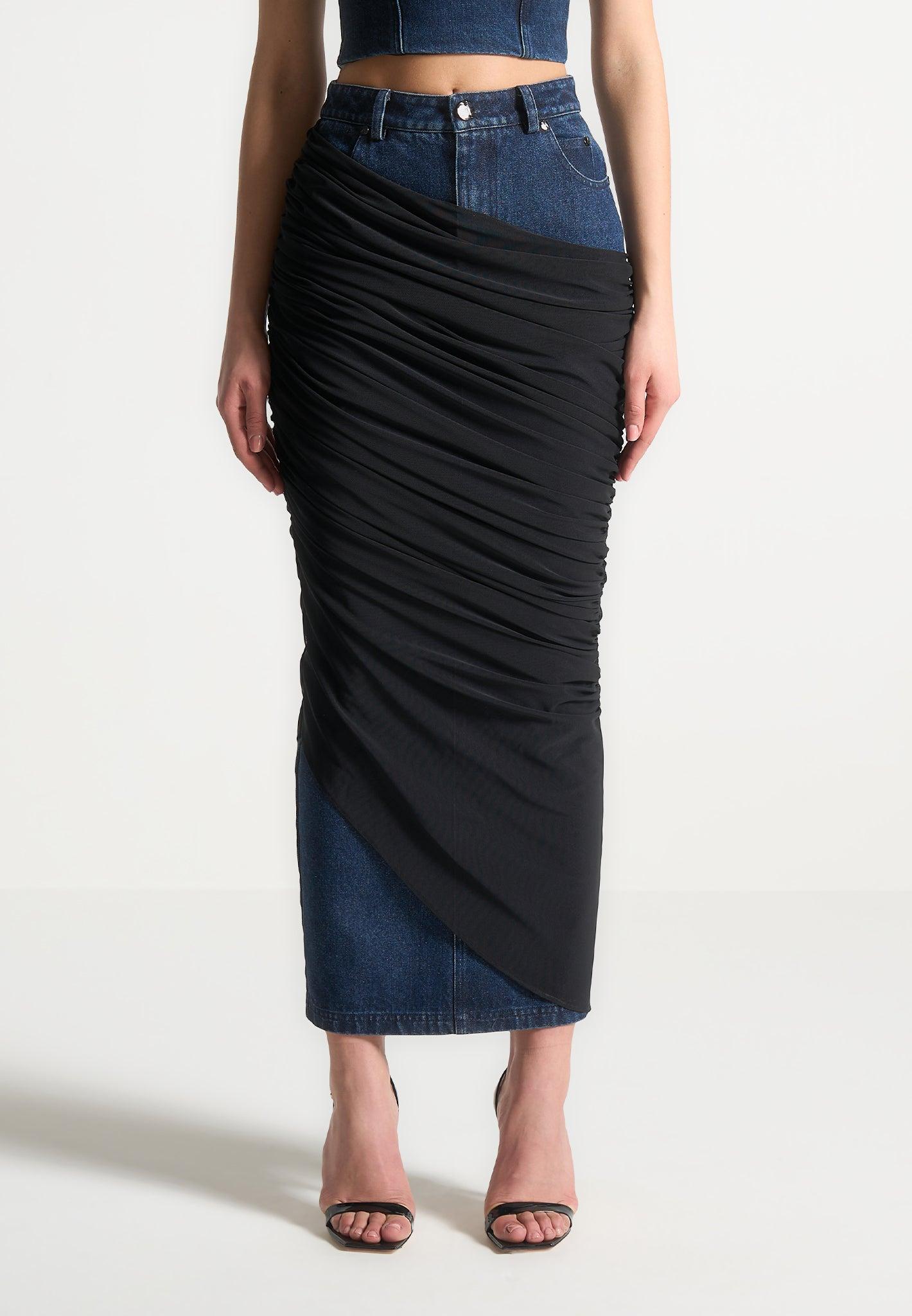 Draped Mesh Denim Maxi Skirt - Indigo Female Product Image
