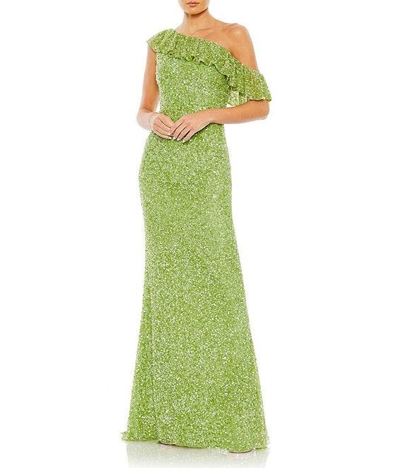 Mac Duggal Sequin Asymmetrical Ruffle Neck Short Sleeve Gown Product Image