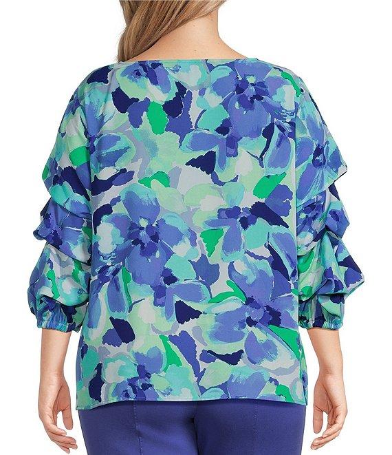 Slim Factor By Investments Plus Size Kara Painted Garden Boat Neck 3/4 Tiered Sleeve Top Product Image