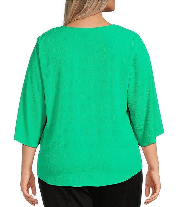 Slim Factor By Investments Plus Size Dylan Tie Front V-Neck 3/4 Sleeve Top Product Image