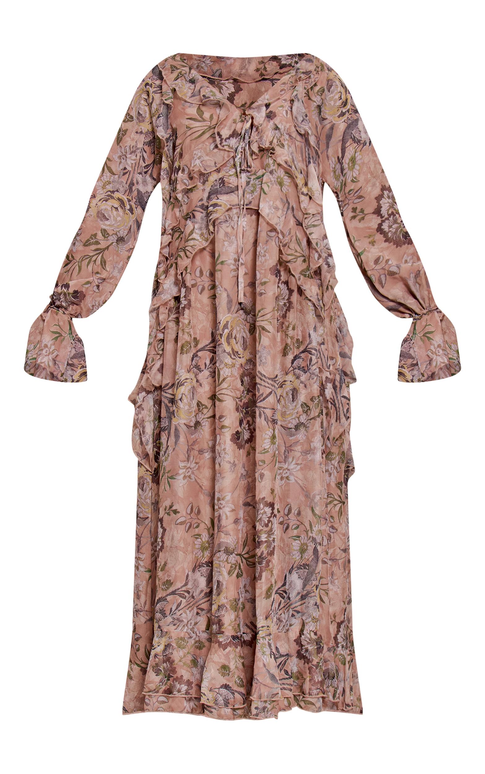 Blush Floral Printed Plunge Extreme Frill Maxi Dress Product Image