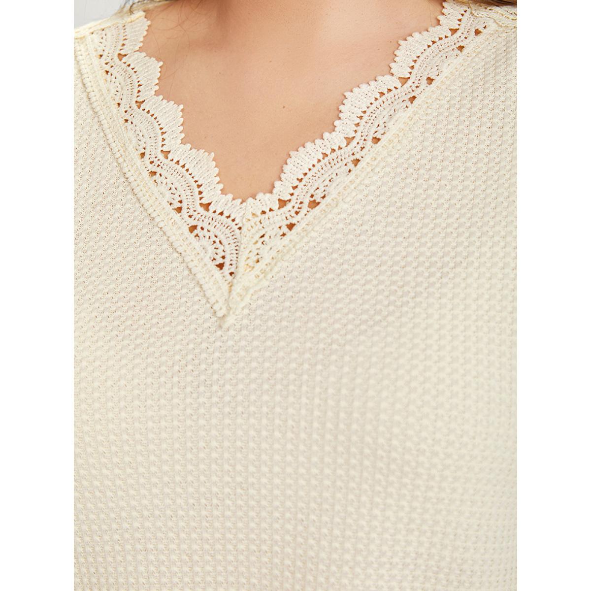 Plus Size Solid Crochet Lace V Neck Sweatshirt Women Ivory Elegant Lace V-neck Dailywear Sweatshirts BloomChic 14-16/1X Product Image