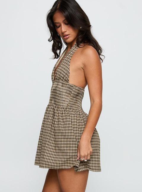 Juanette Halter Mini Dress Brown Check Product Image