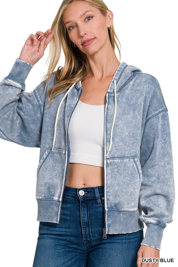 Acid wash fleece cropped zip-up hoodie w pockets Product Image