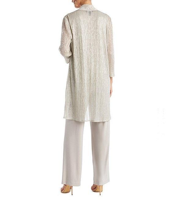 R & M Richards Petite Size Pleated Metallic Scoop Neck 3/4 Sleeve 2-Piece Pant Set Product Image