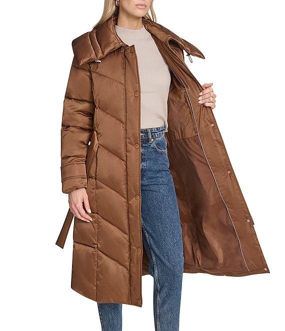 Andrew Marc Sport Palmer High Shine Satin Mix Pattern Oversize Collar Belted Water Resistant Puffer Coat Product Image