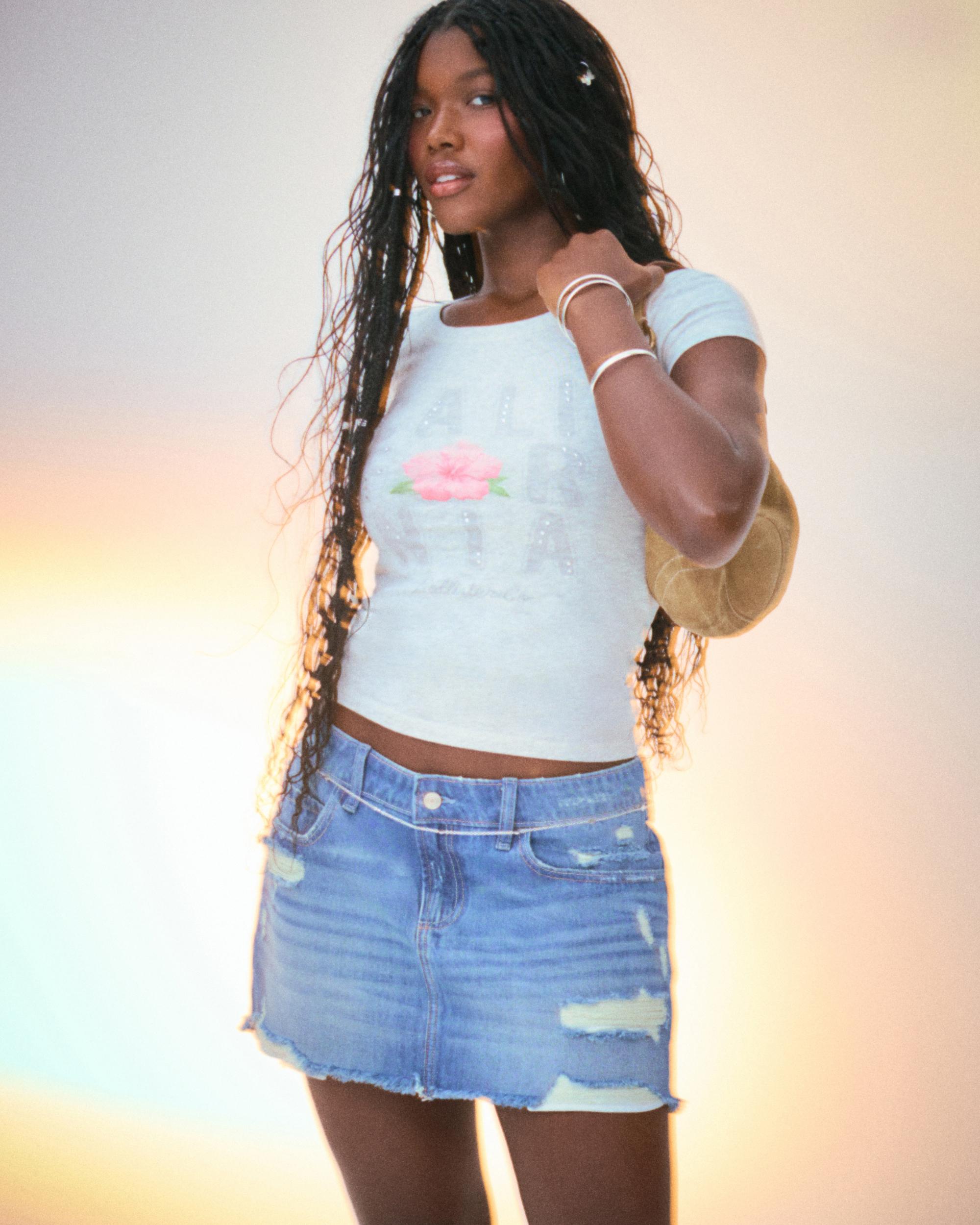 Low-Rise Ripped Dark Wash Denim Mini Skort Product Image