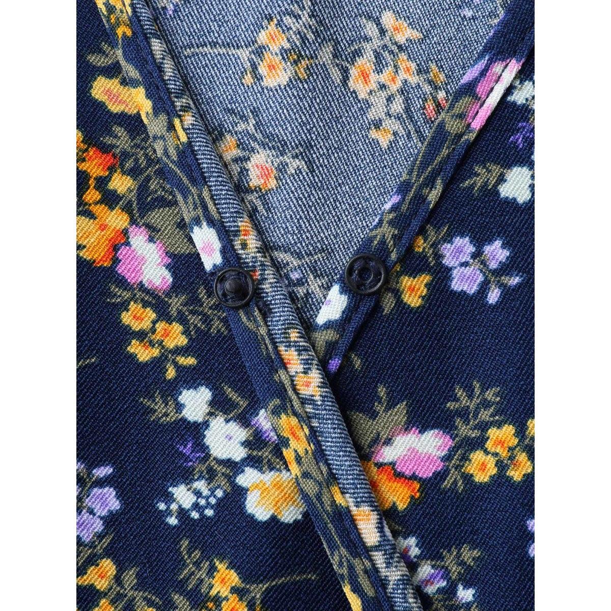 Plus Size Stretch Woven Floral Belted Pockets Midi Dress Navy Women Elegant Belted Overlap Collar Sleeveless Curvy BloomChic 22-24/3X Product Image