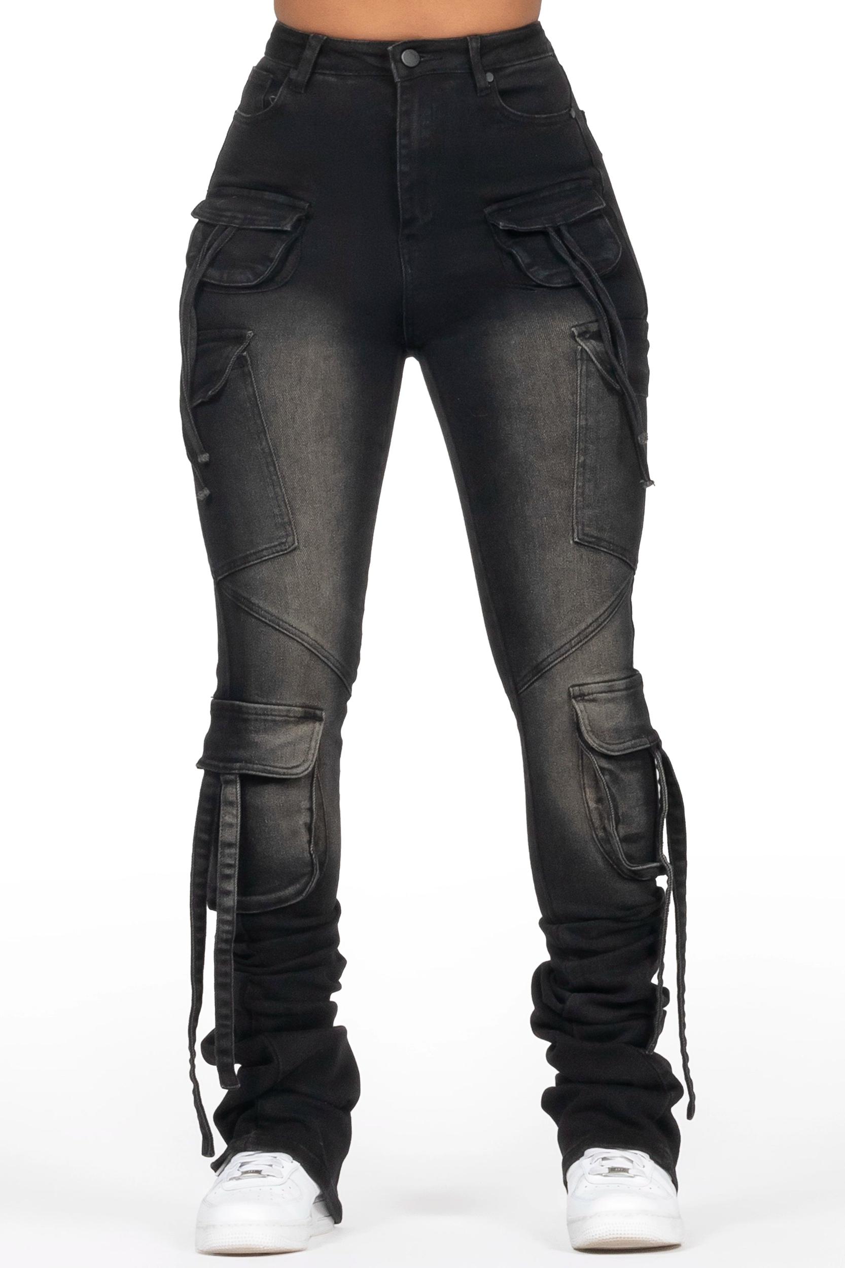 Rakesha Black Wash Cargo Super Stacked Jean Female Product Image