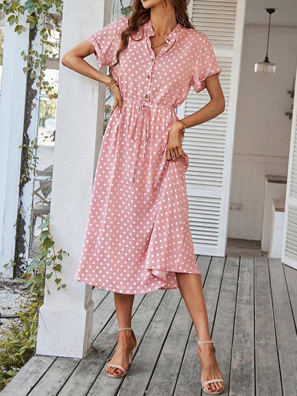 A-Line High Waisted Buttoned Drawstring Polka-Dot V-Neck Midi Dresses Product Image