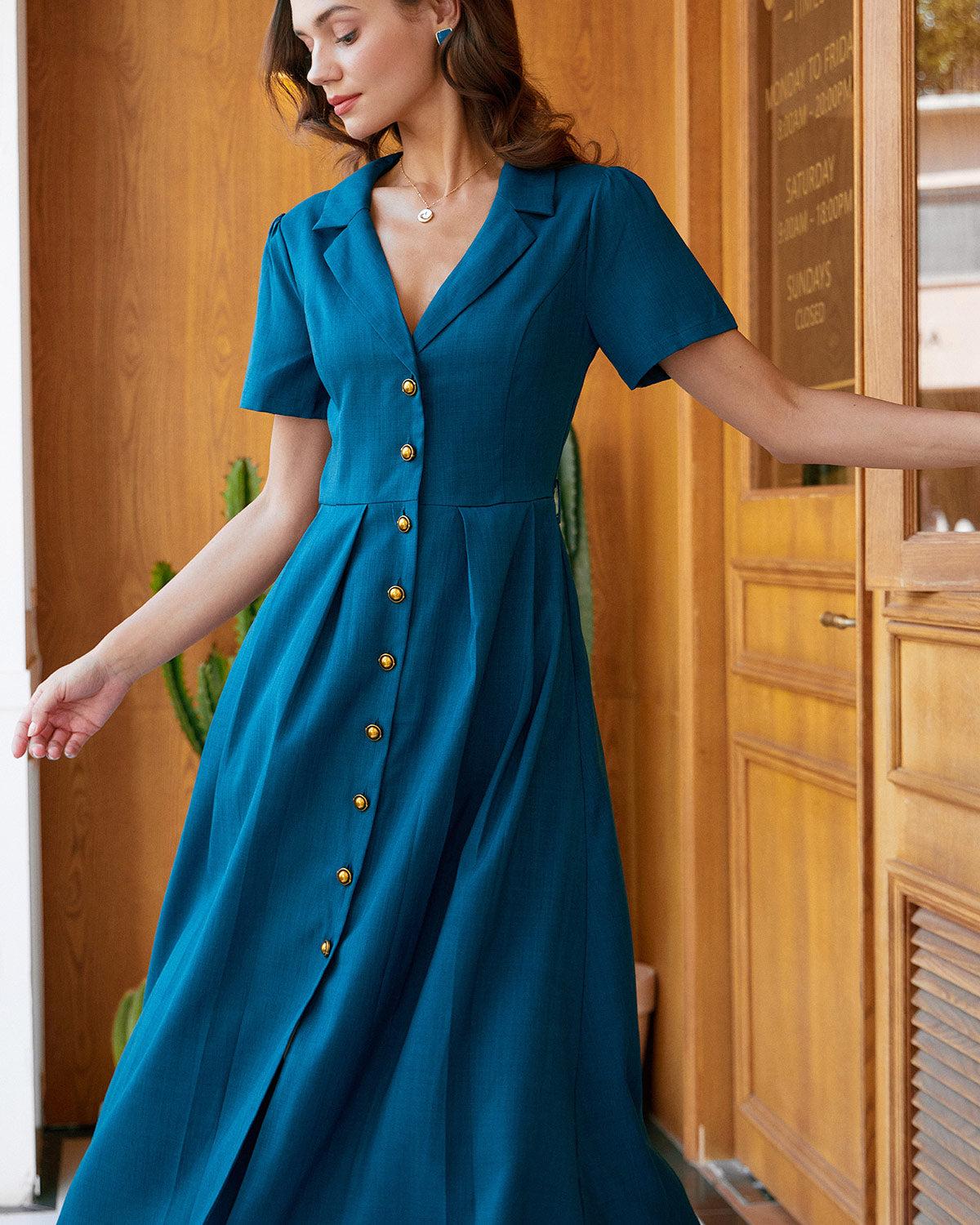 Blue V Neck Pleated Button Midi Dress Product Image