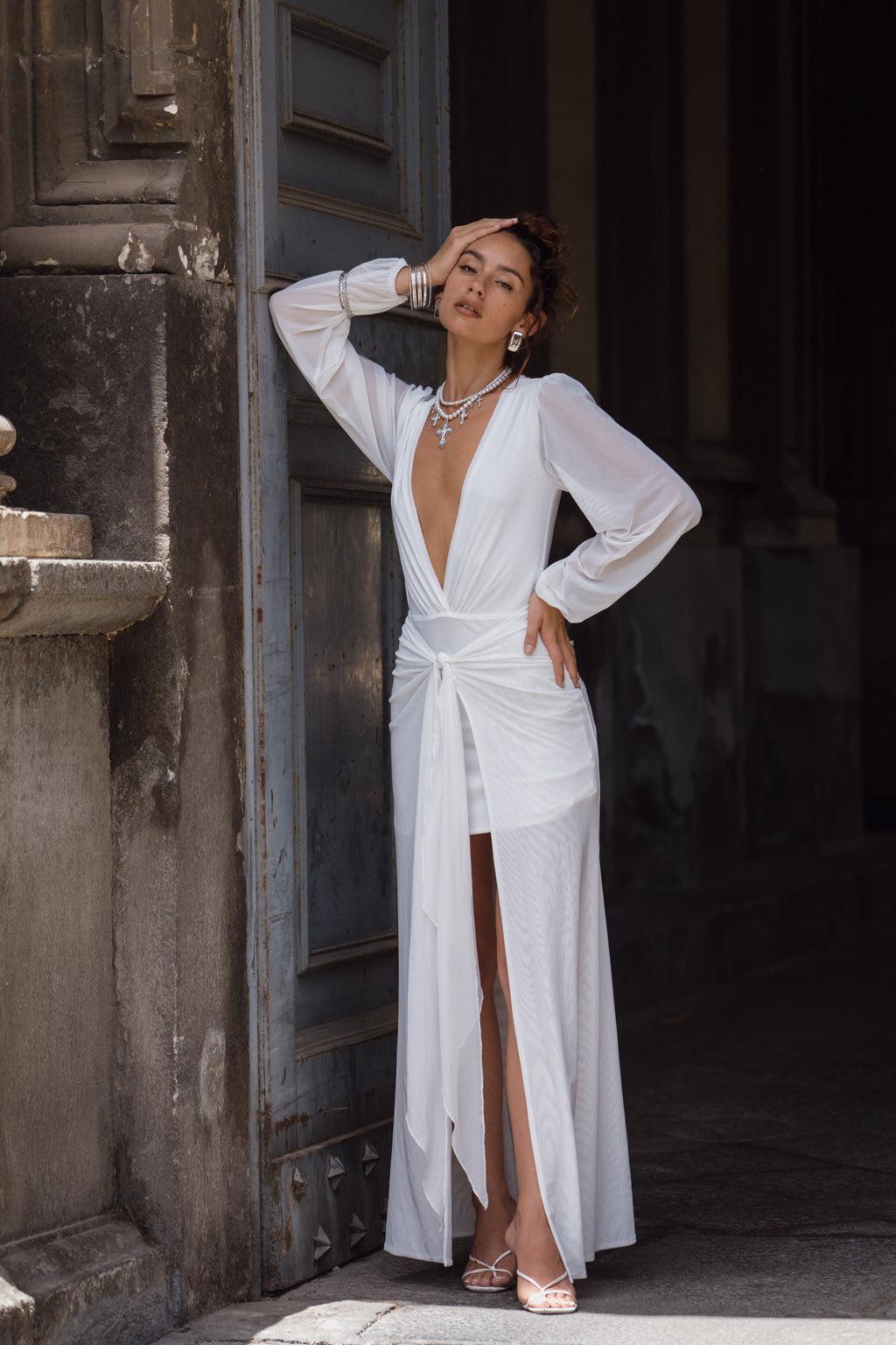 Bella White Mesh Plunge Maxi Dress Product Image