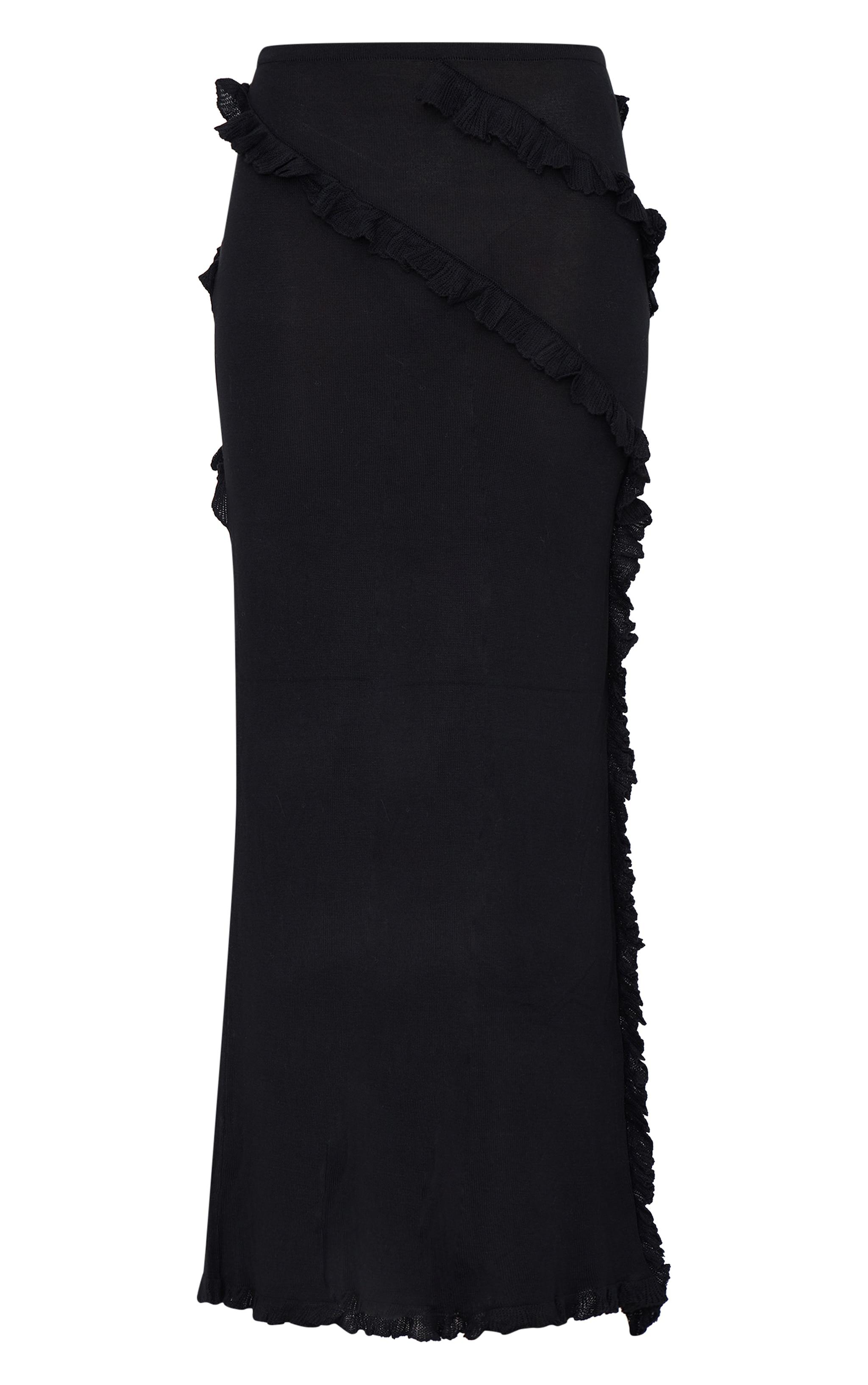 Black Rib Knit Frill Detail Maxi Skirt Product Image