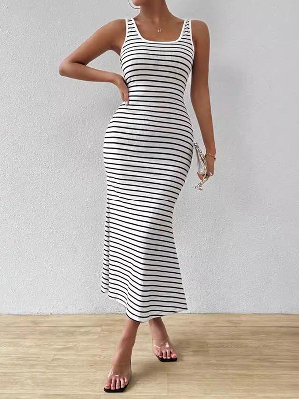 Bodycon Sleeveless Split-Joint Striped U-Neck Midi Dresses Product Image