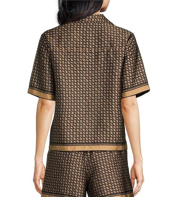 Le' AL.X Logo Print Satin Notch Lapel Short Sleeve Cropped Coordinating Camp Shirt Product Image