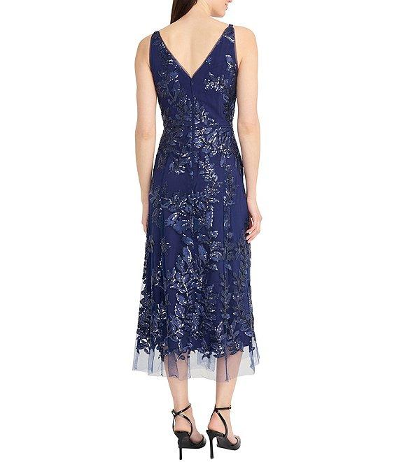 Maggy London Mesh Embroidered Floral Print V Neck Sleeveless Midi Dress Product Image