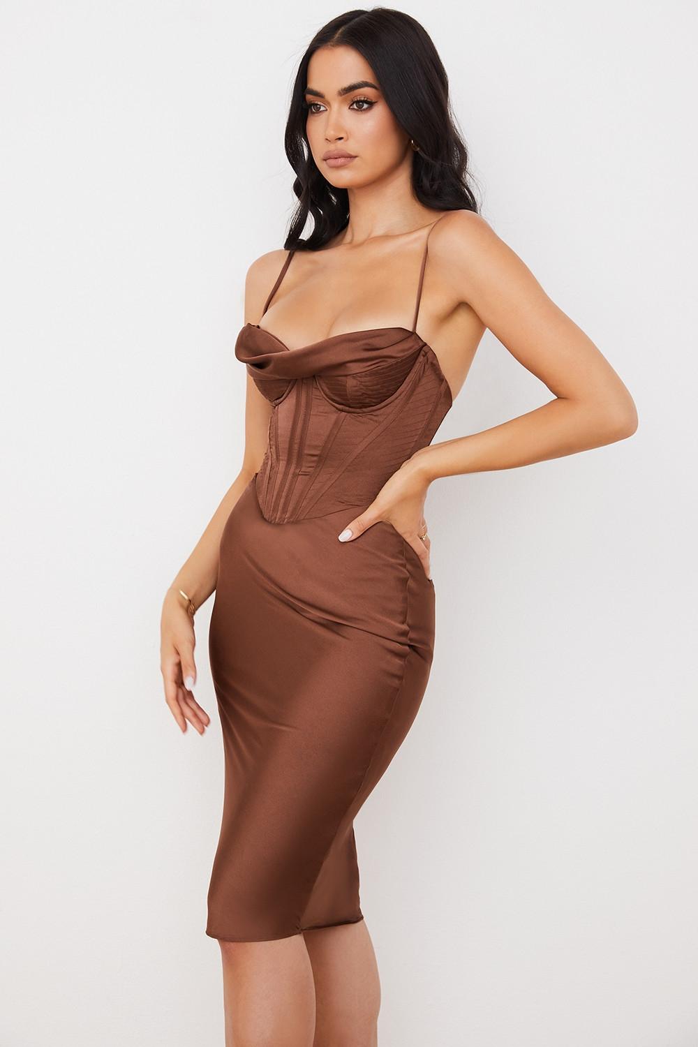 Myrna  chocolate satin corset slip dress Product Image