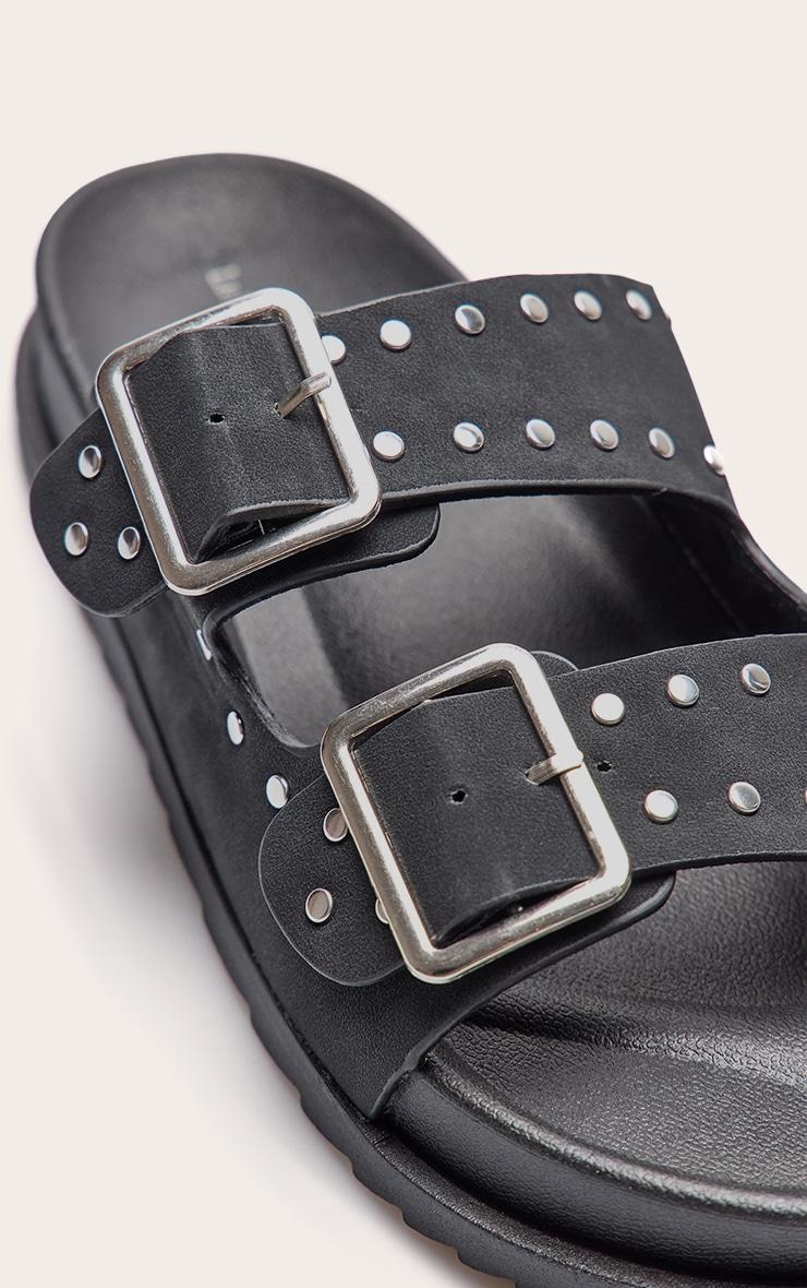 Black Double Buckle Faux Suede Flatbed Sandals Product Image