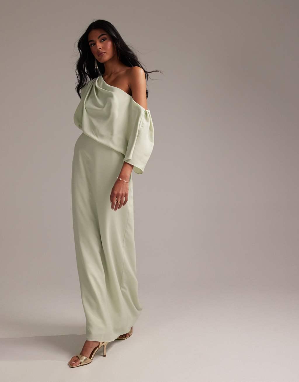 ASOS DESIGN Bridesmaids crepe one shoulder draped maxi dress in light green Product Image