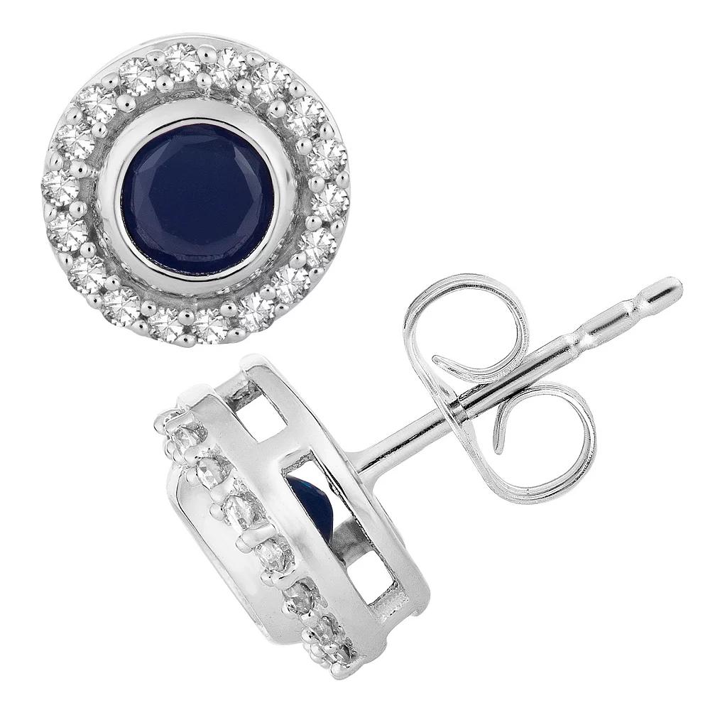 10k White Gold Sapphire & 1/10 Carat T.W. Diamond Halo Stud Earrings, Women's, 10k Whgold Product Image