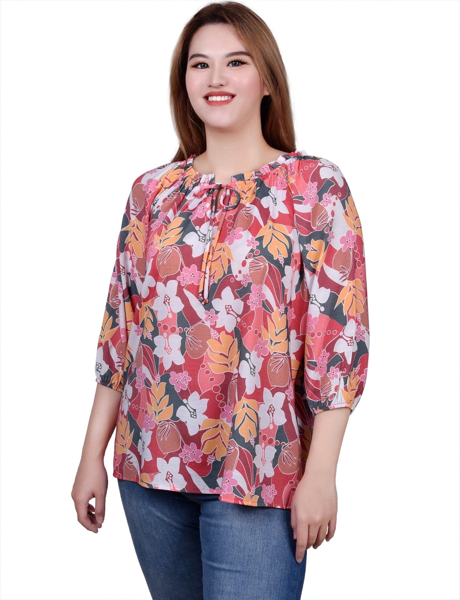 3/4 Length Sleeve Drawstring Neck Blouse - Petite Product Image